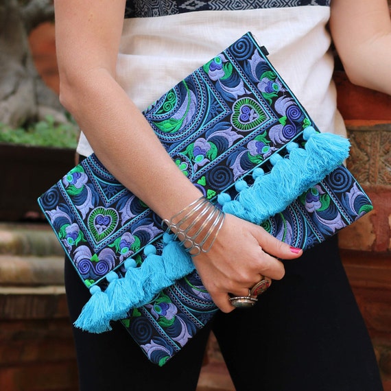 Handmade Large Blue Boho Clutch Bag With Tassels and Removable Strap for A Crossbody Bag Etsy