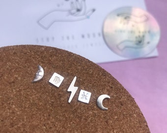 Crescent Moon Face Mini Stud Earrings - sterling silver