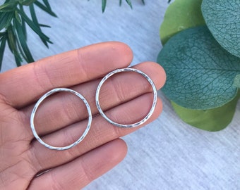 Large Hammered Circle Hoop Studs - sterling silver