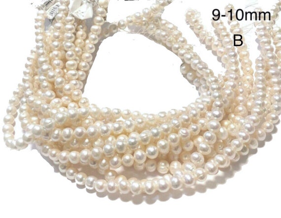 Big 9-10mm high quality White round natural Freshwater pearl Strand 15”-l366 