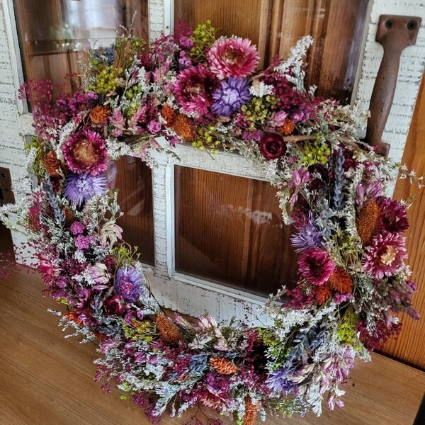 Dried Flower Wreath, pink and purple wreath, front door wreath, flower home decor, handmade