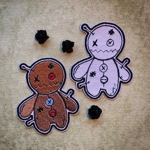 Voodoo doll embroidered iron on patch handmade | witchy goth patch for jacket or bag | spooky alternative fashion accessory