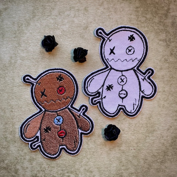 Voodoo doll embroidered iron on patch handmade | witchy goth patch for jacket or bag | spooky alternative fashion accessory