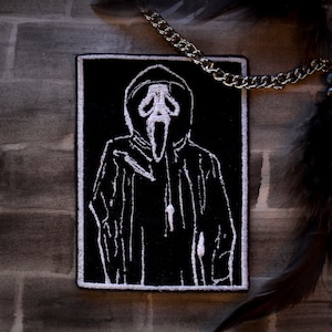 Gemaskerde Halloween-geborduurde opstrijkpatch | handgemaakt halloweencadeau | alternatieve accessoires | gotische decoraties en accessoires | horrorfilm