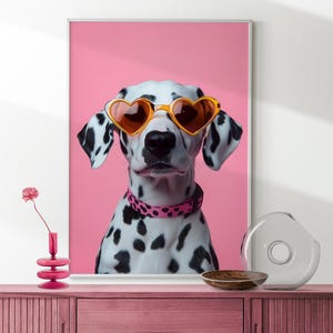 Dalmatian in Orange Heart Glasses Print, Fun Kid&#39;s Room Decor, Bold Color Eclectic Print, Playroom Nursery Dog Print, Cute Puppy Wall Art