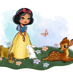 Blanche-Neige Clipart Sublimation, Princesse Noire, Cerf, Papillon, Fleurs PNG, Illustration Dessinée À La Main, Mignon Paillettes Kid Art, Planificateur Enfants