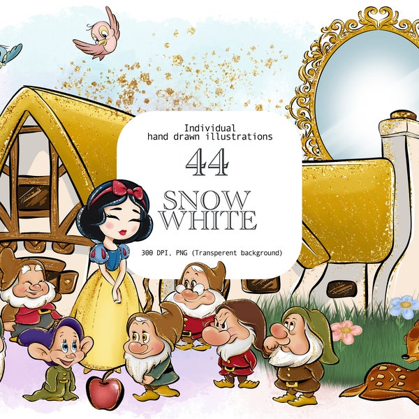 Blanche-neige Clipart, princesse de conte de fées PNG, sept nains Clipart, aquarelle princesse, cerf, chalet, oiseaux, dessinés à la main, mignon Glitter Art