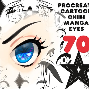 May include: Digital art featuring a detailed anime eye with blue and purple highlights, surrounded by various cartoon eye designs. The text "PROCREATE CARTOON CHIBI MANGA EYES" and the number "70" are also visible.