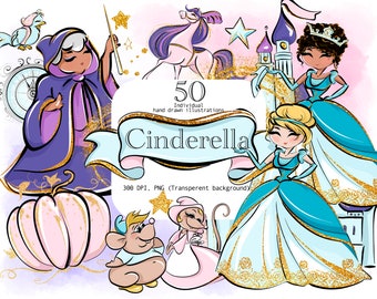 Conjunto de clipart em aquarela da Cinderela: adesivos para planejador de contos de fadas, princesa, carruagem, sapatinho (download digital em PNG)