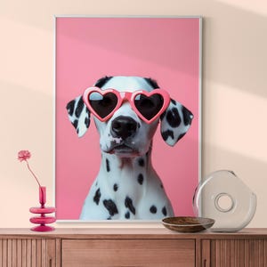 Dalmatian in Pink Heart Glasses Print, Fun Kid&#39;s Room Decor, Colorful Eclectic Print, Playroom Nursery Dog Print, Cute Puppy Wall Art