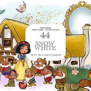 Imágenes Prediseñadas de Blancanieves, Princesa Negra PNG, Imágenes Prediseñadas de los Siete Enanitos Negros, Princesa de Cuento de Hadas, Ciervos, Cabaña, Aves, Dibujado a mano, Lindo Arte de Brillo