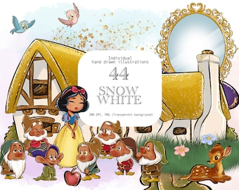 May include: A set of 44 digital illustrations featuring Snow White and the Seven Dwarfs. The illustrations are hand-drawn and feature a whimsical style with a gold glitter background. The set includes Snow White, the seven dwarfs, a bird, a deer, a house, and a mirror.
