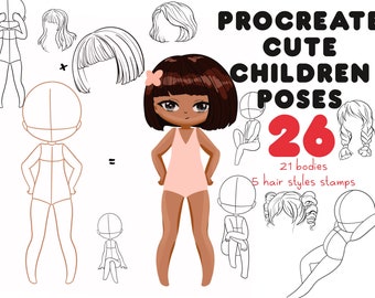 Procreate baby pose stamps, Procreate hair stamps, Procreate Child Body Guides, Kids Drawing, Kid Anatomy, Character Figure, Procreate Child