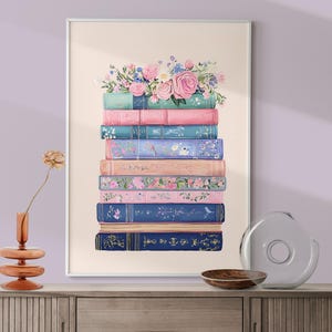Pastel Floral Book Stack Painting, Whimsical Books Wall Art, Reading Nook Decor, Modern Books Print, Book Lover Gift, Book Library Print