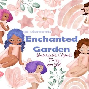Watercolor Fairy Clipart PNG, Enchanted Garden, Magical Fairy Garden Clipart Set, Little Fairy Clipart, Commercial and Personal USE