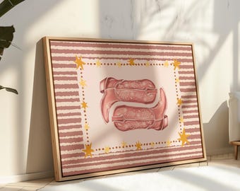 Botas de vaquera verde salvia estampadas, decoración vintage rosa estilo western para guardería infantil, sala de juegos, arte de pared a rayas, póster retro boho para habitación, decoración de pared estilo cabaña