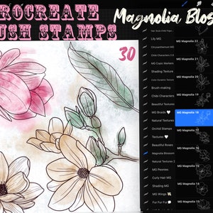 Procreate Stamps, Magnolia Botanical 30 Stamps, Procreate Stamp Set, Flower and Plants Procreate, Hand Drawn Commercial USE  Procreate Stamp