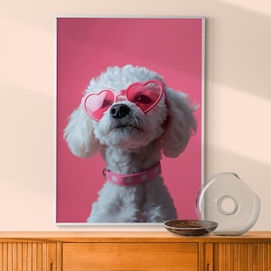 White Poodle in Pink Heart Glasses Print, Fun Kid&#39;s Room Decor, Colorful Eclectic Print, Playroom Nursery Dog Print, Cute Puppy Wall Art