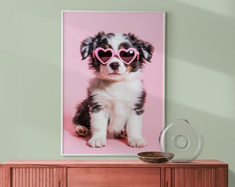 Australian Shepard Puppy Wearing Heart-shaped Sunglasses Print, Pink Fun Kid&#39;s Room Decor, Eclectic Print, Playroom Poste, Cute Puppy Art