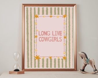 Estampado verde salvia "Viva las vaqueras" Decoración vintage rosa estilo western para guardería infantil, sala de juegos, arte de pared a rayas, póster retro boho, decoración de pared estilo cabaña