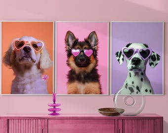 Set of 3 Dog Puppy Posters, Siberian Husky in Heart Sunglasses Print, Fun Kid&#39;s Room Decor, Colorful Eclectic Dog Print, Cute Puppy Wall Art
