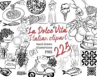 Italian Summer Clipart, Hand Drawn Mediterranean Food, Travel & Wedding Illustrations, Italy Art Pack PNG