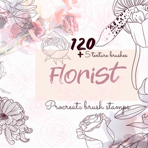 Floral Procreate Brush Stamps, Rose, Magnolia, Orchid, Chrysanthemum, Lily, Peony Botanical Brushes, Flowers and Leaves, Hand Drawn Stamps