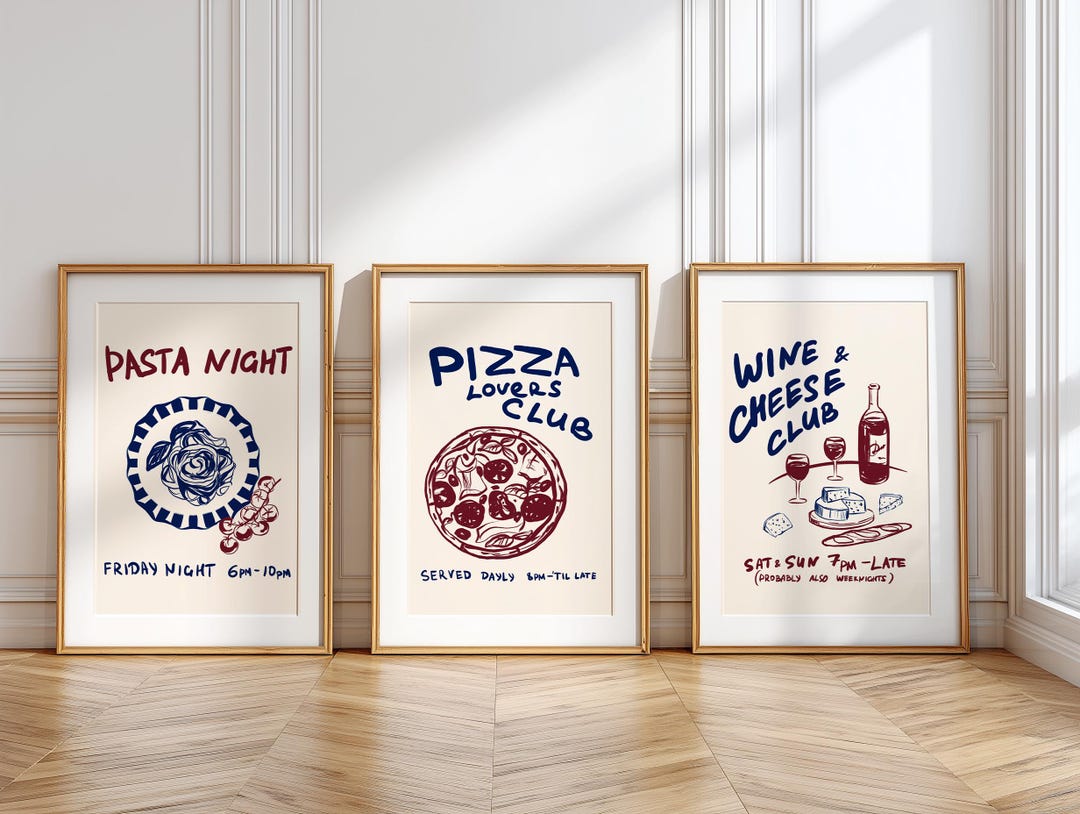 300 mediterranean kitchen posters bundle, retro café... Kitchen Food Print Set, Retro Pasta Night, Pizza Club, Wine & Cheese ...