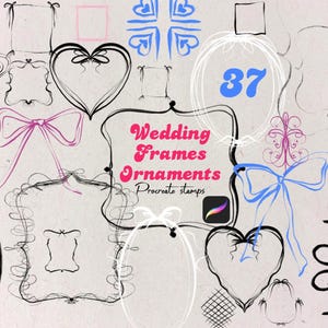 Pode incluir: Uma coleção de molduras e ornamentos de casamento desenhados à mão em preto, rosa e azul. A imagem inclui várias formas de moldura, laços, corações e o número 37. O texto diz "Wedding Frames Ornaments Procreate stamps."