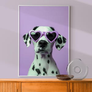 Dalmatian in Purple Heart Glasses Print, Fun Kid&#39;s Room Decor, Bold Color Eclectic Print, Playroom Nursery Dog Print, Cute Puppy Wall Art