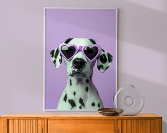 Dalmatian in Purple Heart Glasses Print, Fun Kid&#39;s Room Decor, Bold Color Eclectic Print, Playroom Nursery Dog Print, Cute Puppy Wall Art