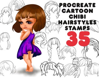 Procreate kids hair stamps, Anime Hair Brushes, Procreate Manga Hair Brushes, Character Maker Procreate, Chibi Figure, Kawaii Cartoon Guide