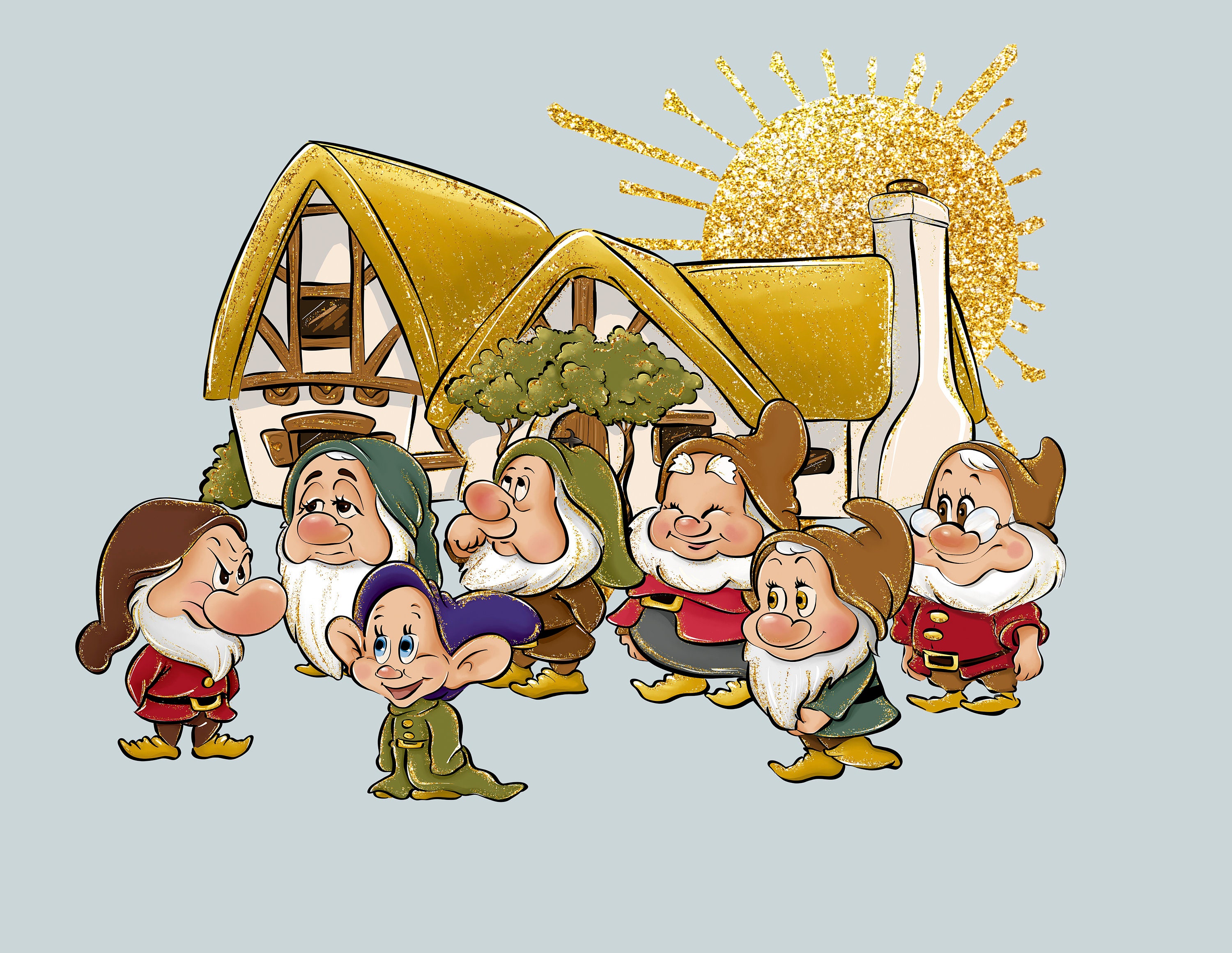 Seven Dwarfs Clipart: Snow White Cottage, Hand Drawn Illustration