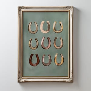 Puede incluir: Una l&aacute;mina de arte enmarcada que muestra nueve herraduras pintadas dispuestas en una cuadr&iacute;cula de tres por tres. Cada herradura presenta un tono &uacute;nico de marr&oacute;n, beige o ocre sobre un fondo verde salvia, dentro de un marco dorado.
