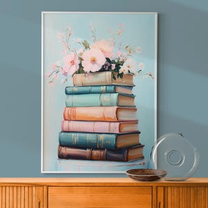 Pastel Book Stack Painting, Whimsical Books Wall Art, Reading Nook Decor Print, Modern Books Print, Book Lover Gift, Book Library Print