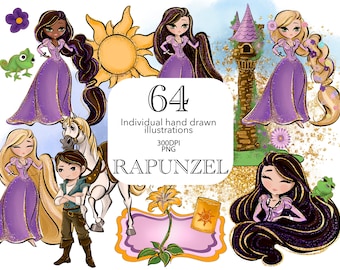 Conjunto de imágenes prediseñadas de Rapunzel: Princesa de acuarela, Torre, Pascal, Máximo, Princesa de cuento de hadas, Dibujado a mano, Arte con brillantina