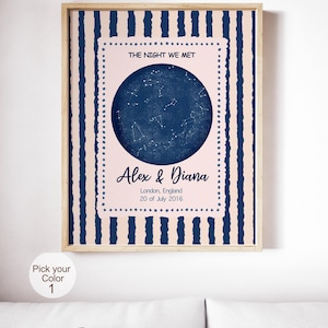 May include: A framed wall art print featuring a dark blue circular star map centered on a light pink background with a dotted border. The text reads THE NIGHT WE MET, Alex & Diana, London, England, 20 of July 2016. The background has navy blue stripes.