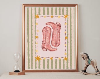 Botas de vaquera verde salvia estampadas, decoración vintage rosa estilo western para guardería infantil, sala de juegos, arte de pared a rayas, póster retro boho para habitación, decoración de pared estilo cabaña