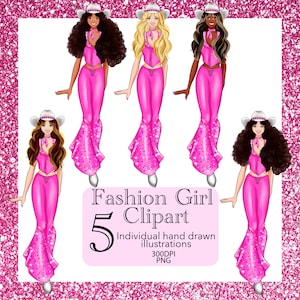 Hot Pink Girly Clipart, Clipart Fashion Girl, Illustration de mode rose Malibu, Barb Dolls PNG, Black Barbi, Barbi Sublimation, Commercial