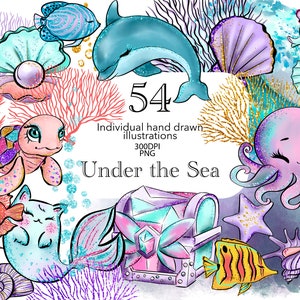 Little Sea Animals Watercolor Glitter Clipart, Coral Seaweed PNG, Underwater Scene, Ocean Life, Turtle, Fishes, Octopus, Jellyfish, Seahorse