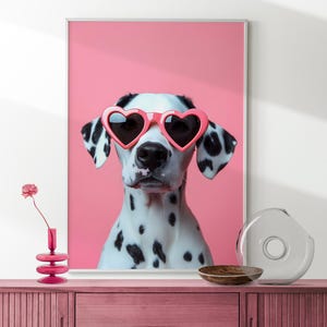 Dalmatian in Pink Heart Glasses Art Print, Fun Kid&#39;s Room Decor, Bold Color Eclectic Print, Playroom Nursery Dog Print, Cute Puppy Wall Art
