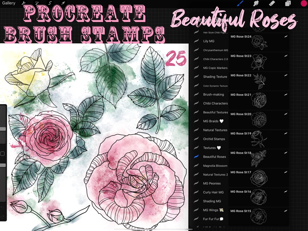 Procreate Roses Stamp Brush Set: Hand-drawn Botanical Flowers (25 ...