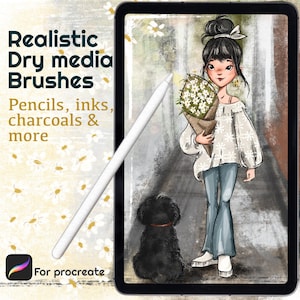 May include: Digital art advertisement for Procreate. The image shows a tablet with a stylus, a cartoon illustration of a person holding flowers, and a black dog. Text reads "Realistic Dry media Brushes" and "Pencils, inks, charcoals & more."