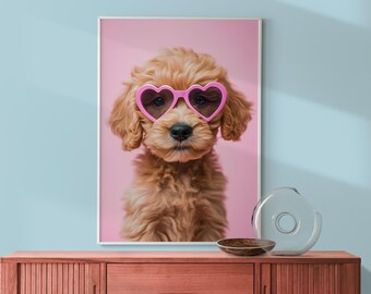 Cute Puffy Goldendoodle Wearing Heart Sunglasses, Pink Fun Kid&#39;s Room Decor, Eclectic Print, Playroom Poster Dog Print, Cute Puppy Wall Art
