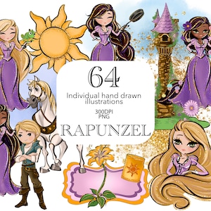 Princess Rapunzel Clipart, Watercolor Princess, Rapunzel Tower, Pascal, Maximus, Fairytale Princess, Hand Drawn, Cute Glitter Art
