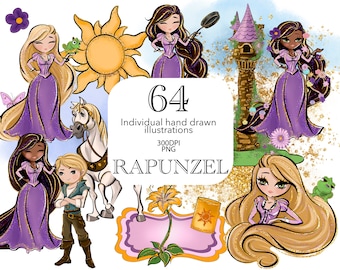 Princess Rapunzel Clipart, Watercolor Princess, Rapunzel Tower, Pascal, Maximus, Fairytale Princess, Hand Drawn, Cute Glitter Art