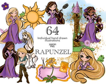 Princess Rapunzel Clipart, Watercolor Princess, Rapunzel Tower, Pascal, Maximus, Fairytale Princess, Hand Drawn, Cute Glitter Art