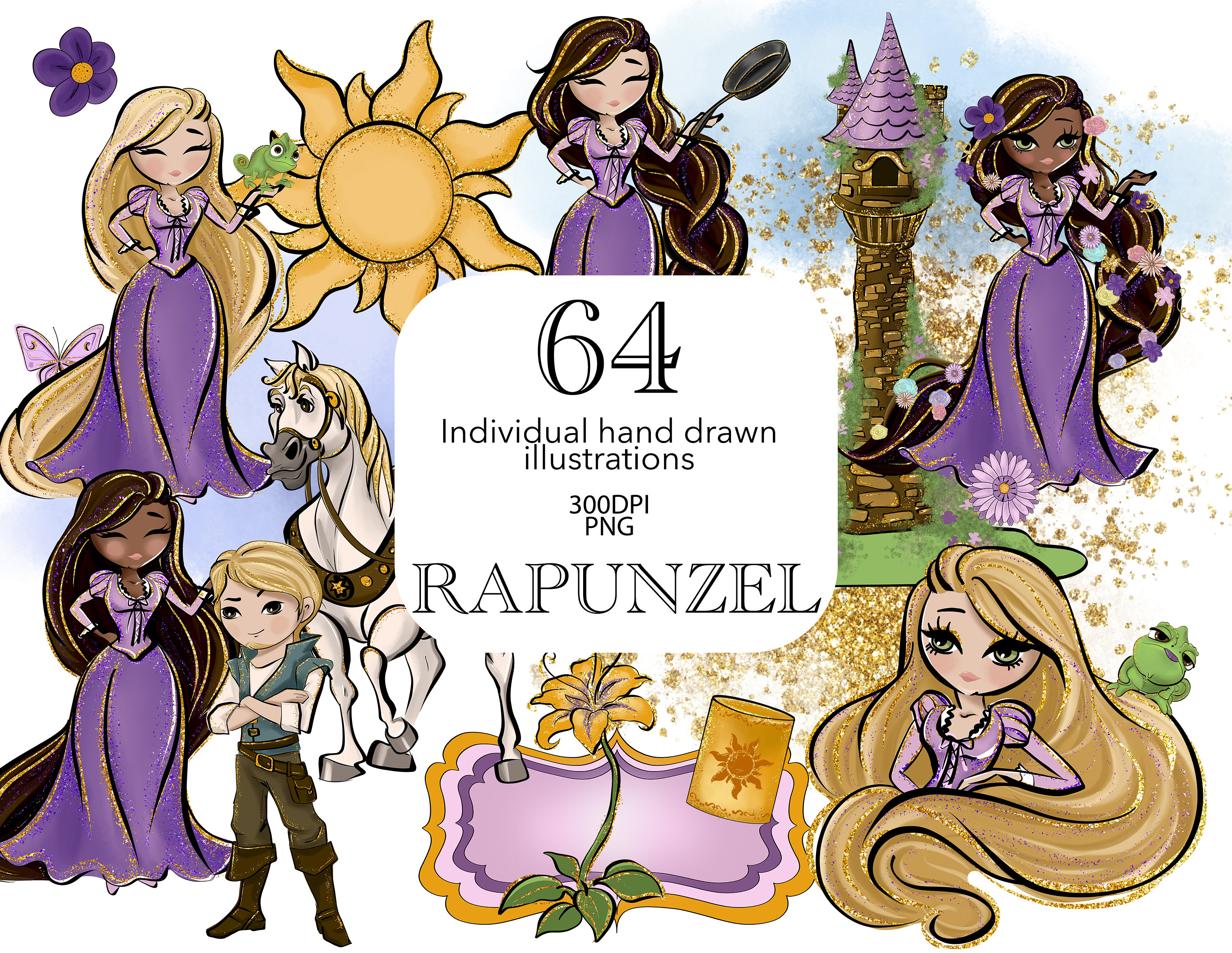 Princess Rapunzel Clipart, Watercolor Princess, Rapunzel Tower, Pascal