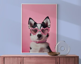 Colorful Eclectic Print of Siberian Husky in Pink Heart Glasses Print, Fun Kid&#39;s Room Decor, Playroom Nursery Dog Print, Cute Puppy Art