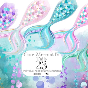 Clipart de queue de sirène aquarelle, clipart de sirène, PNG de paillettes sous-marines, scène sous-marine, graphiques de queues de sirène, utilisation commerciale.
